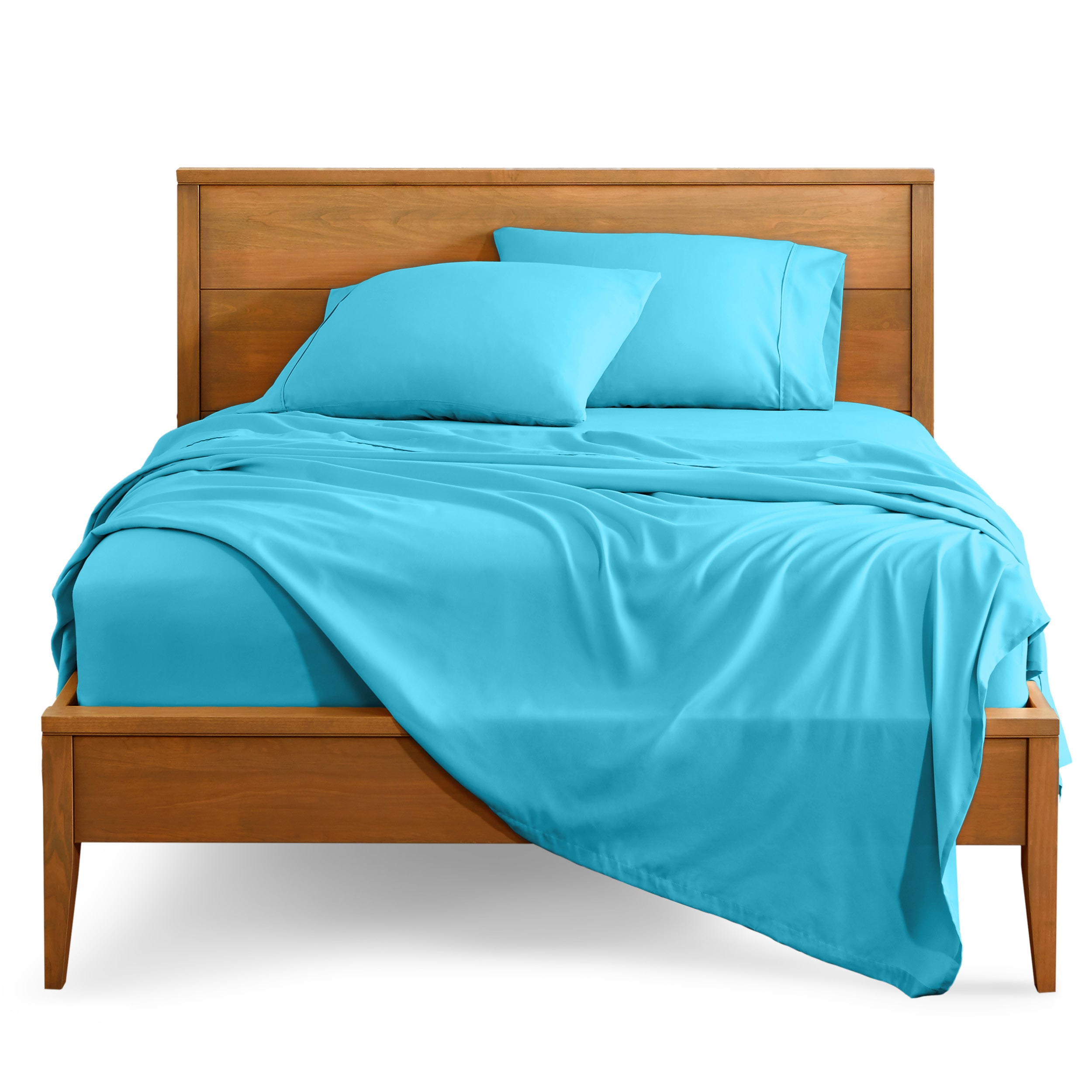 Microfiber sheet set on a bed with a wooden bed frame