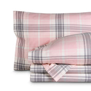 Printed flannel sheets folded and stacked