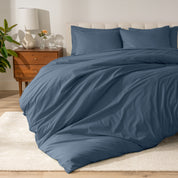 A modern bed with a organic cotton percale duvet cover on.