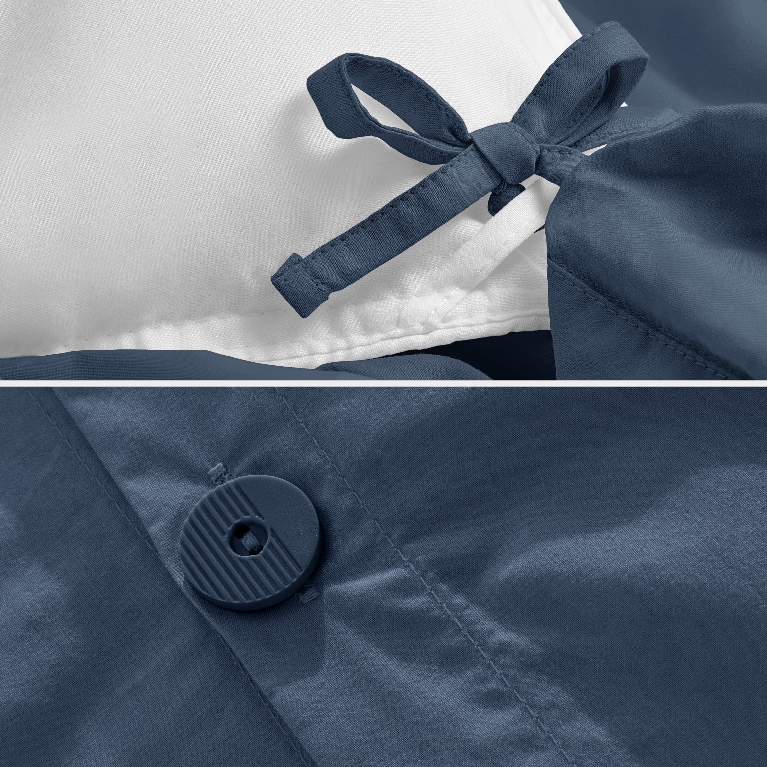 A close view of the corner tie of the duvet cover and the buttons for pillow shams