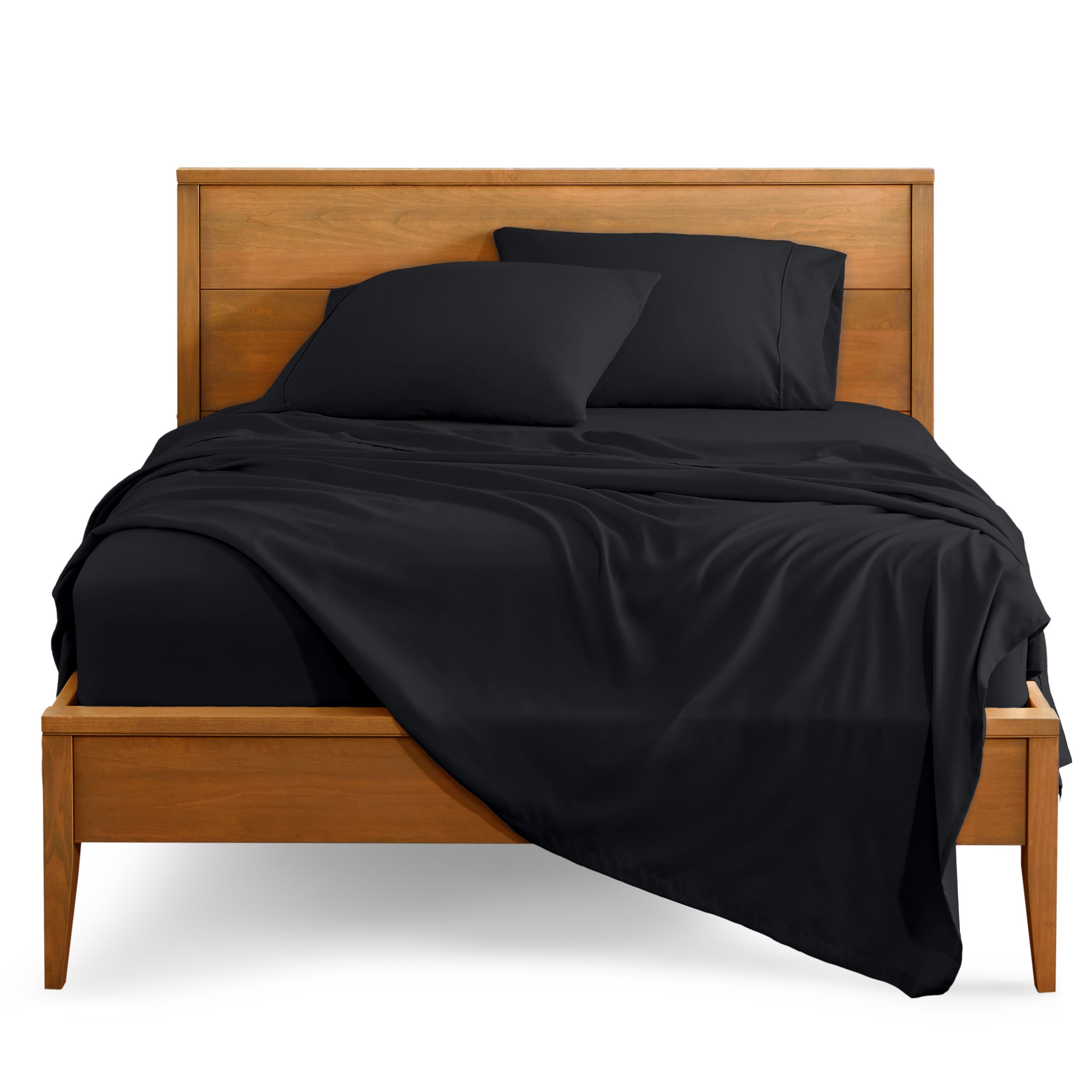 Microfiber sheet set on a bed with a wooden bed frame