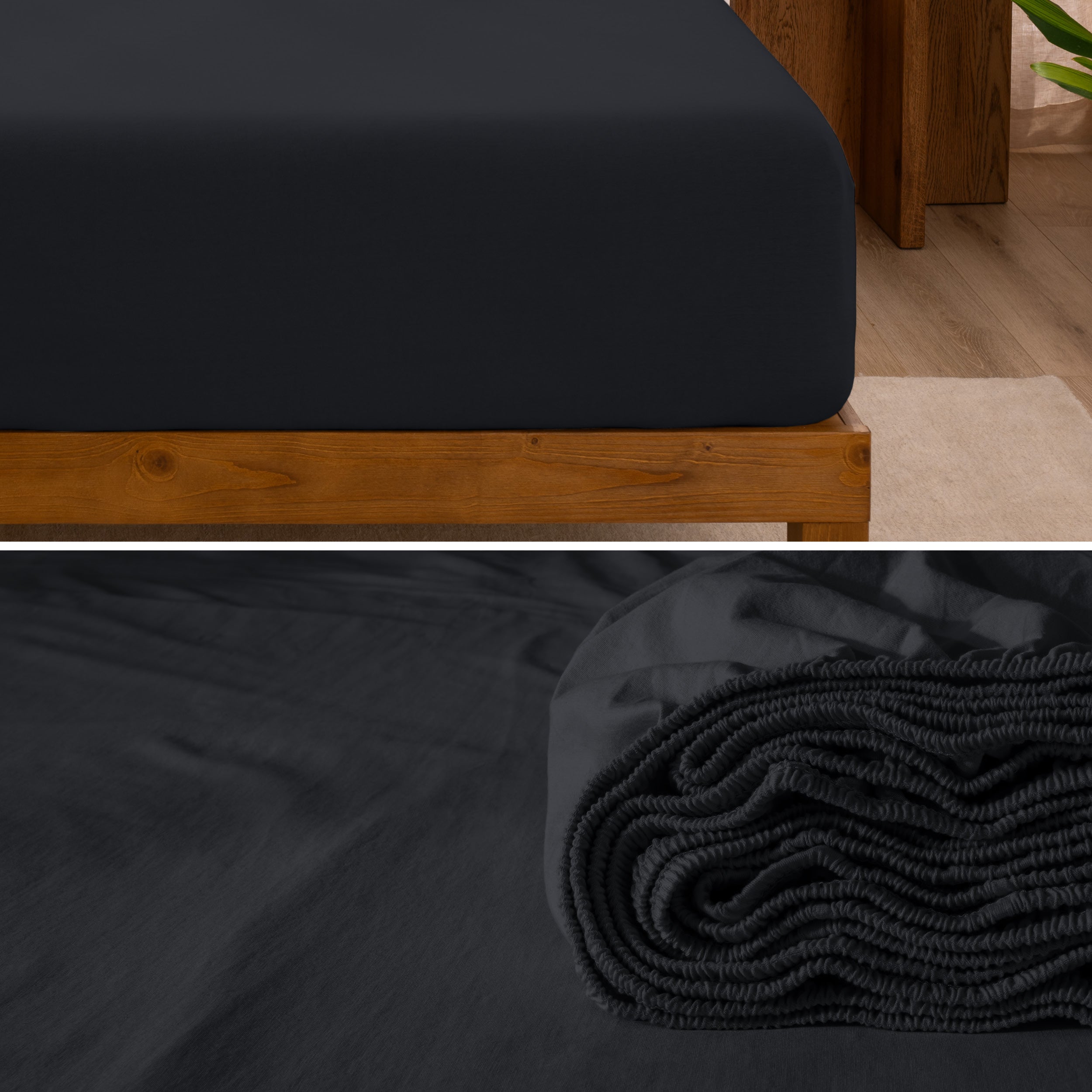 A divided image showing both the corner of a bed with organic jersey sheet and the folded sheet stacked on the bed.