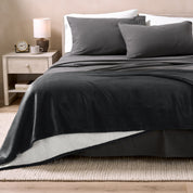 Black Sherpa Blanket laying on a bed folded over itself part way