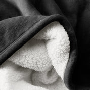 Close up of sherpa blanket showing texture of velvety soft side and sherpa backing