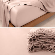 Close up view to show a TENCEL™ Lyocell sheets on a bed. The flat sheet is folded over itself.