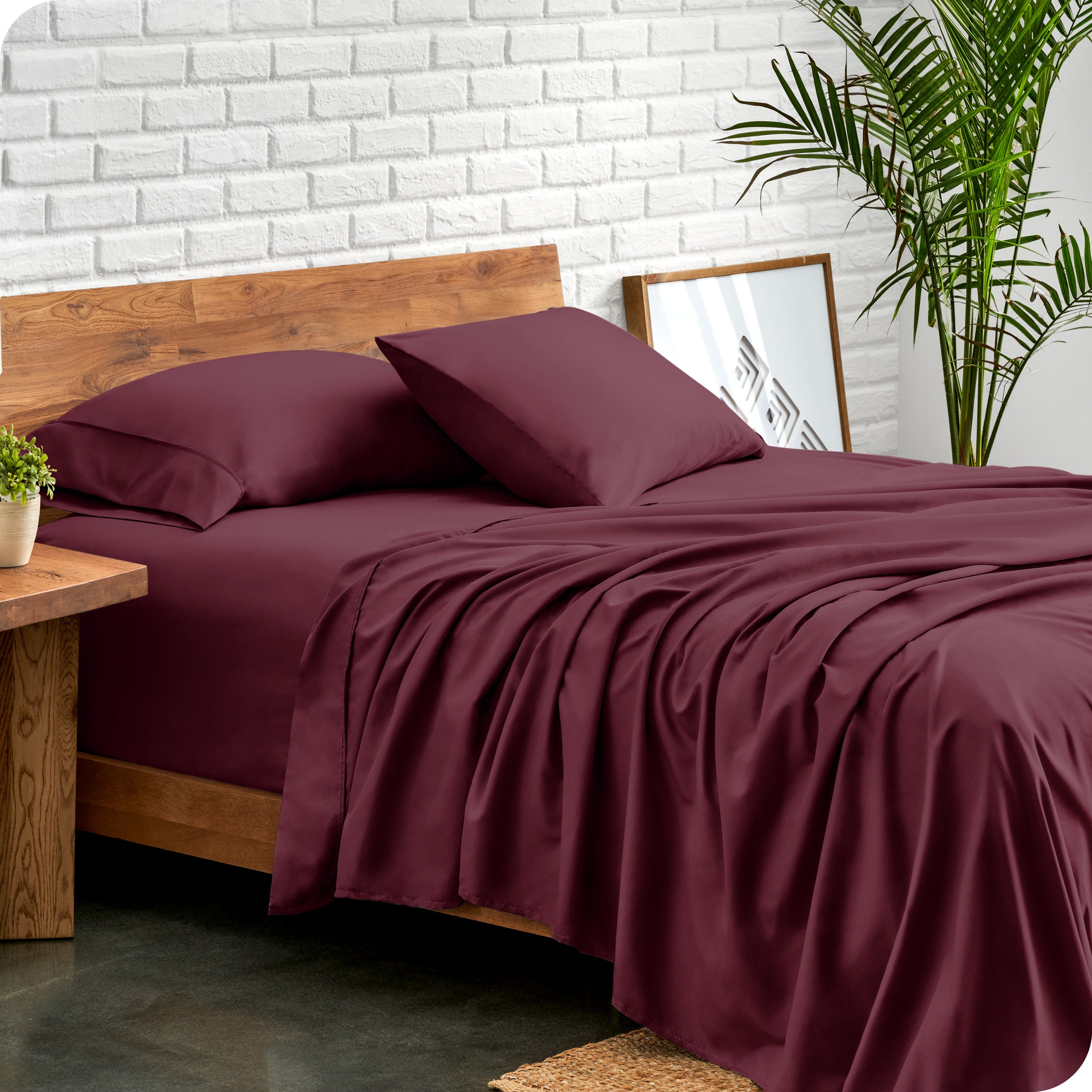 Microfiber sheets and matching pillowcases on a bed next to a large plant