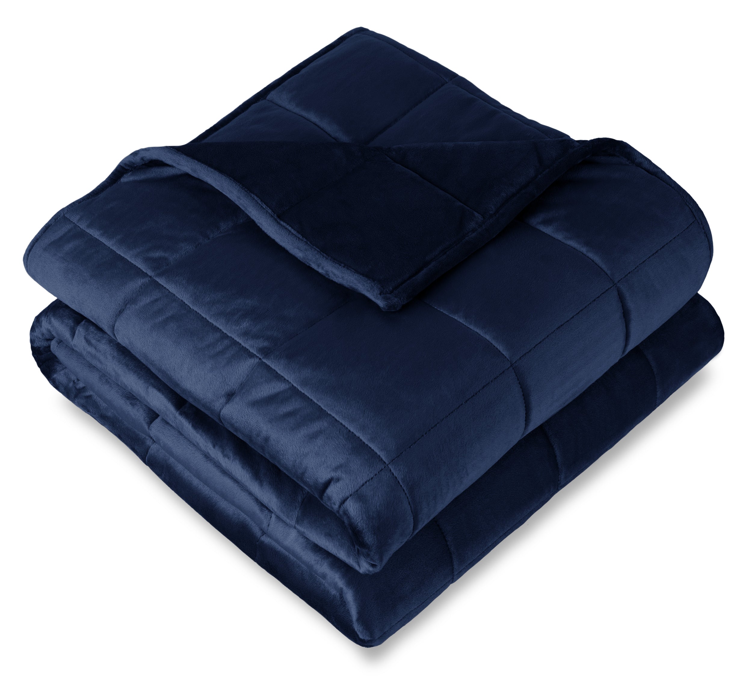 A folded minky fleece weighted blanket with a white background.