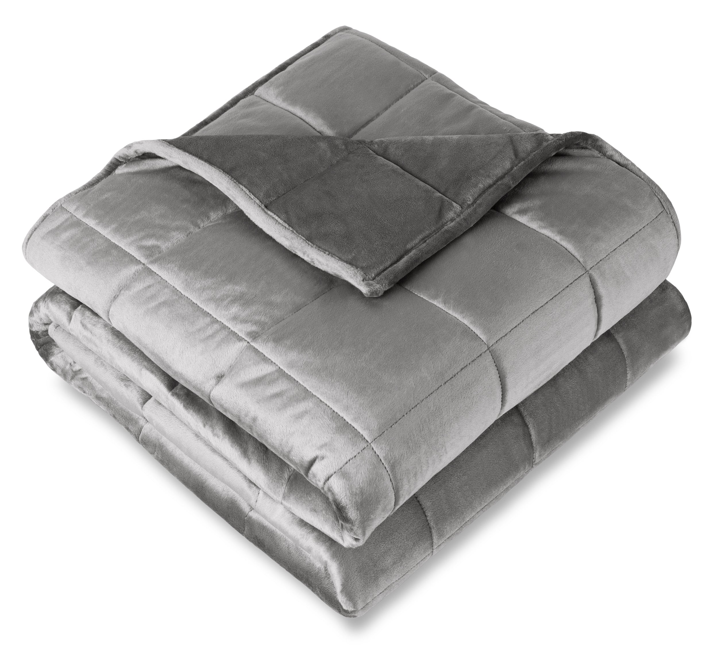 A folded minky fleece weighted blanket with a white background.