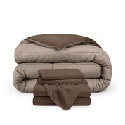 A reversible microfiber comforter and a coordinating sheet set folded and stacked