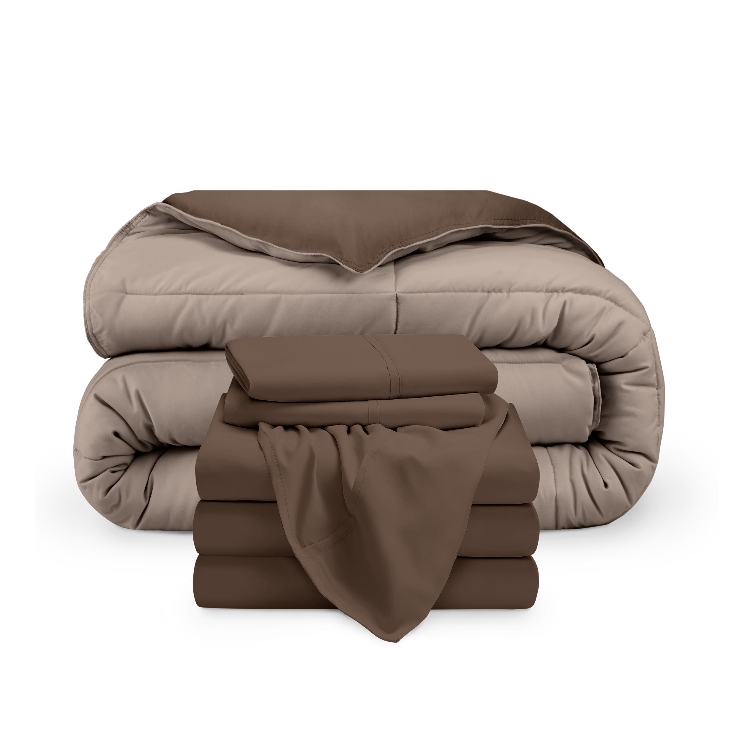 A reversible microfiber comforter and a coordinating sheet set folded and stacked