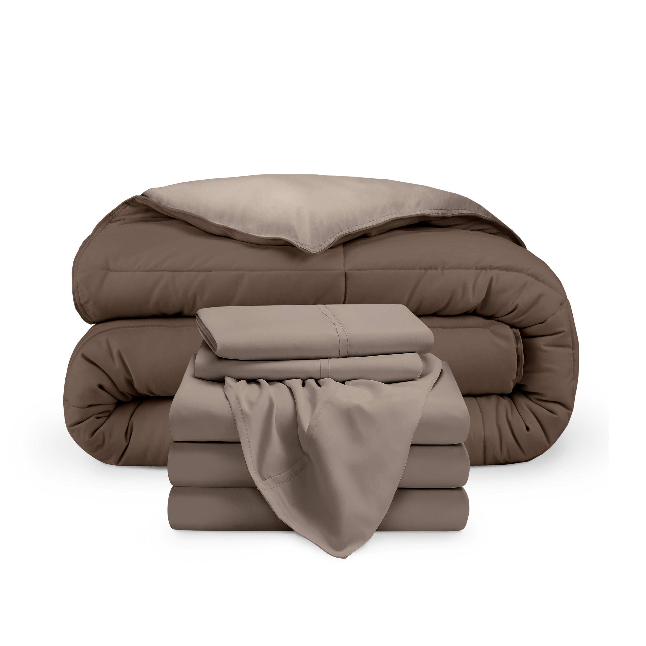 A reversible microfiber comforter and a coordinating sheet set folded and stacked