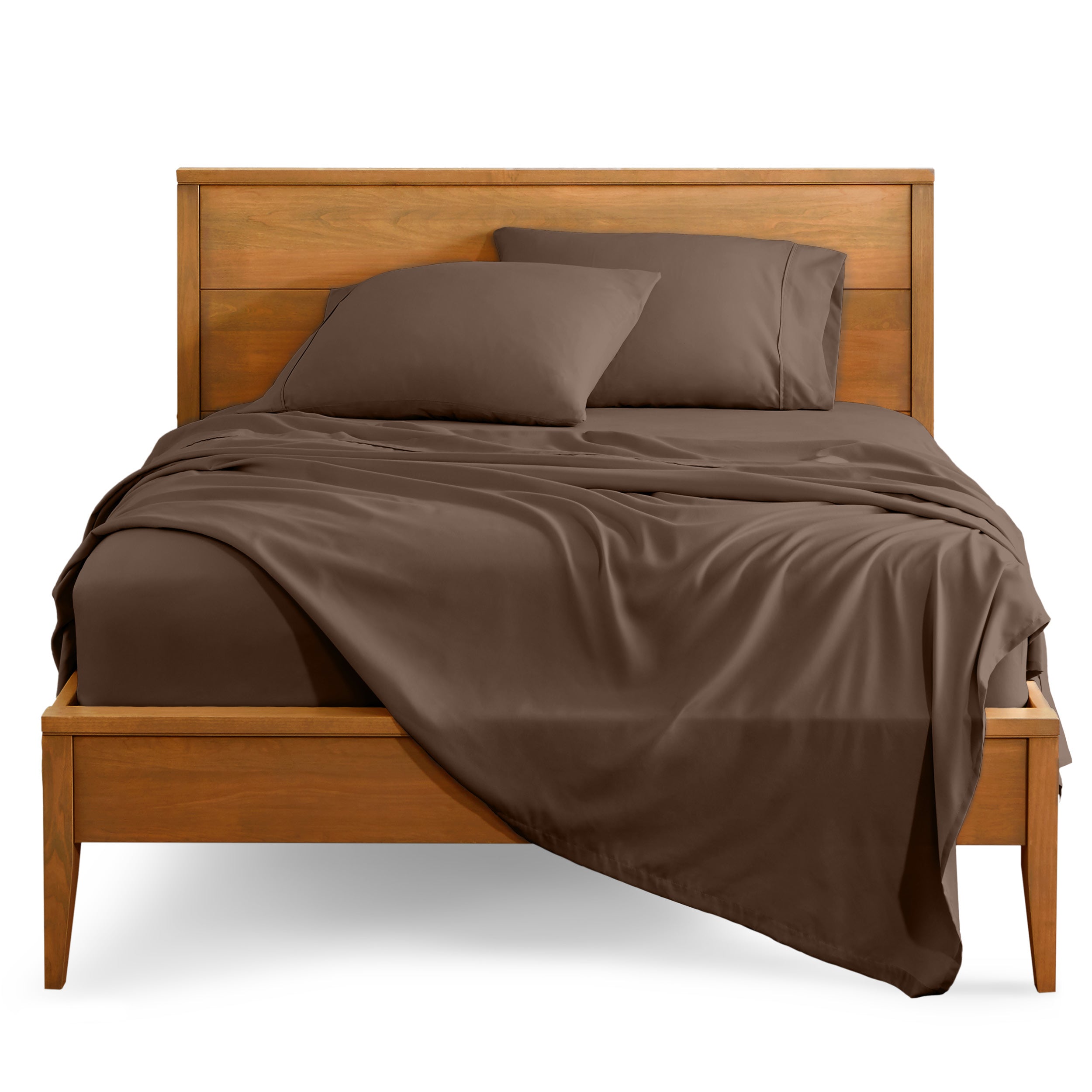Microfiber sheet set on a bed with a wooden bed frame