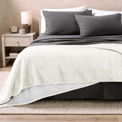 Sherpa Blanket laying on a bed folded over itself part way