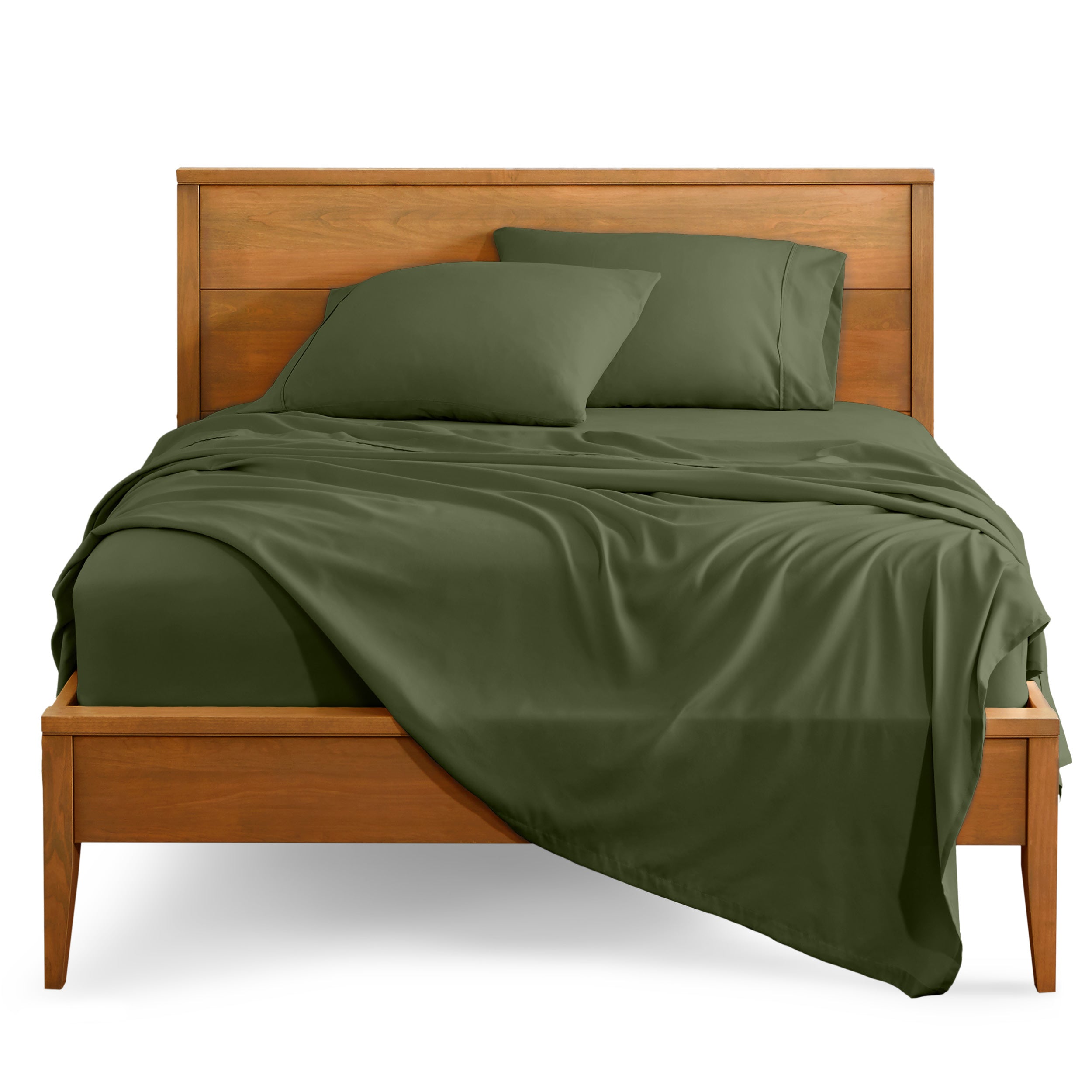 Microfiber sheet set on a bed with a wooden bed frame