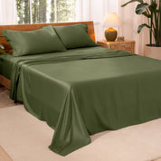 TENCEL™ sheet set on a bed. The flat sheet is draped over the side and end of the bed.