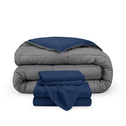 A reversible microfiber comforter and a coordinating sheet set folded and stacked