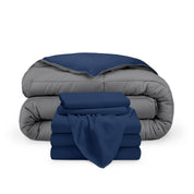 A reversible microfiber comforter and a coordinating sheet set folded and stacked