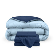A reversible microfiber comforter and a coordinating sheet set folded and stacked