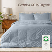 A modern bed with a organic cotton percale duvet cover on, it's Certified GOTS Organic.