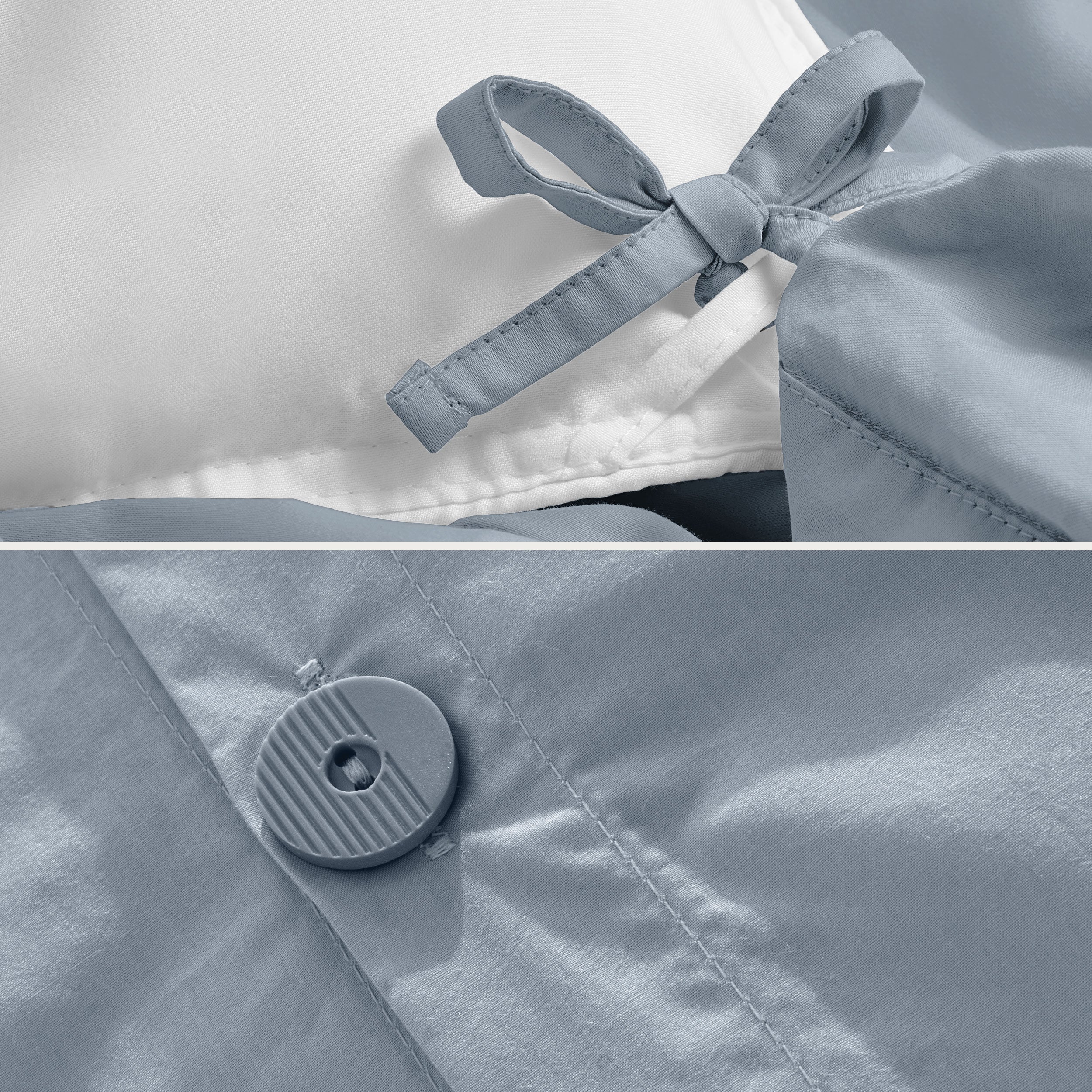 A close view of the corner tie of the duvet cover and the buttons for pillow shams