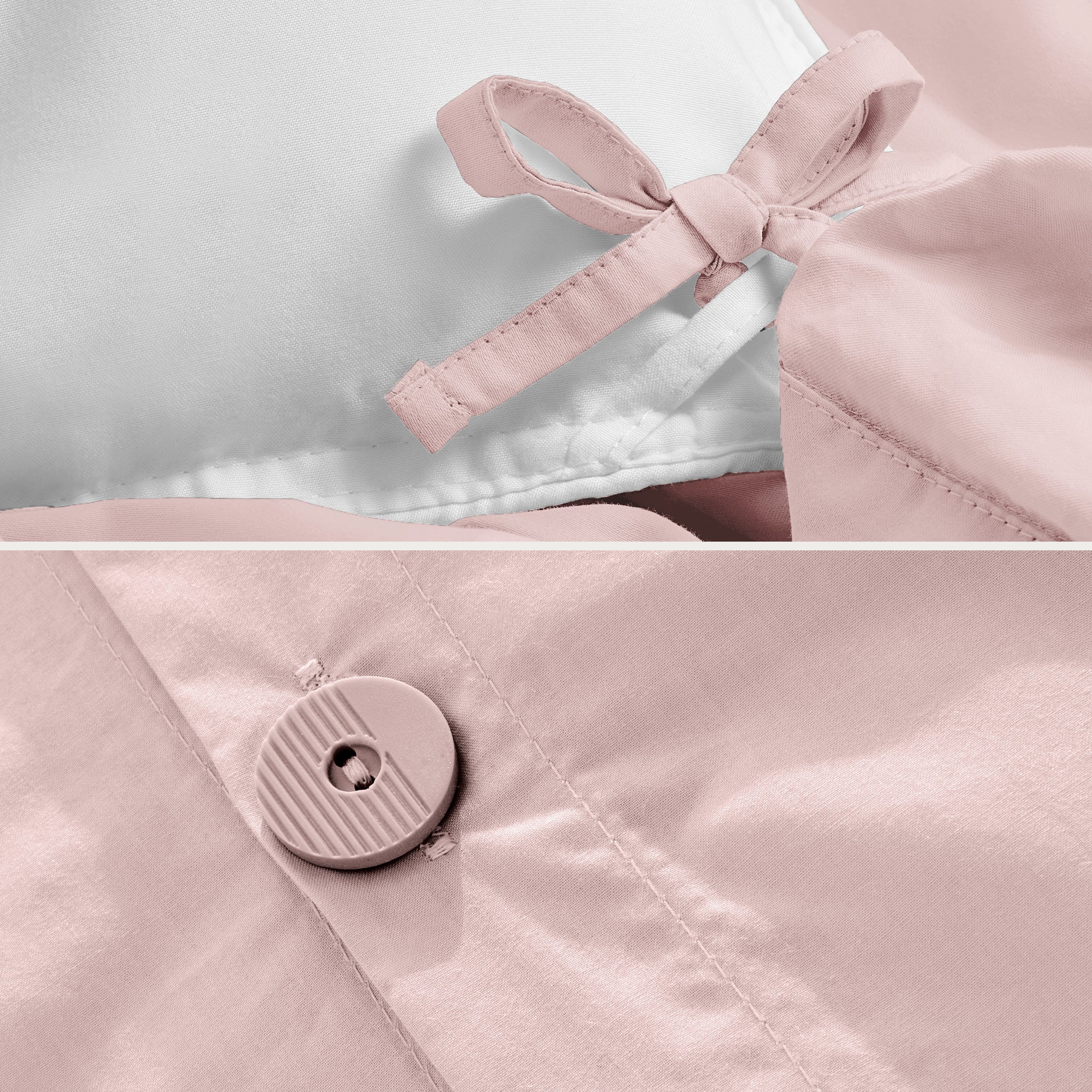 A close view of the corner tie of the duvet cover and the buttons for pillow shams
