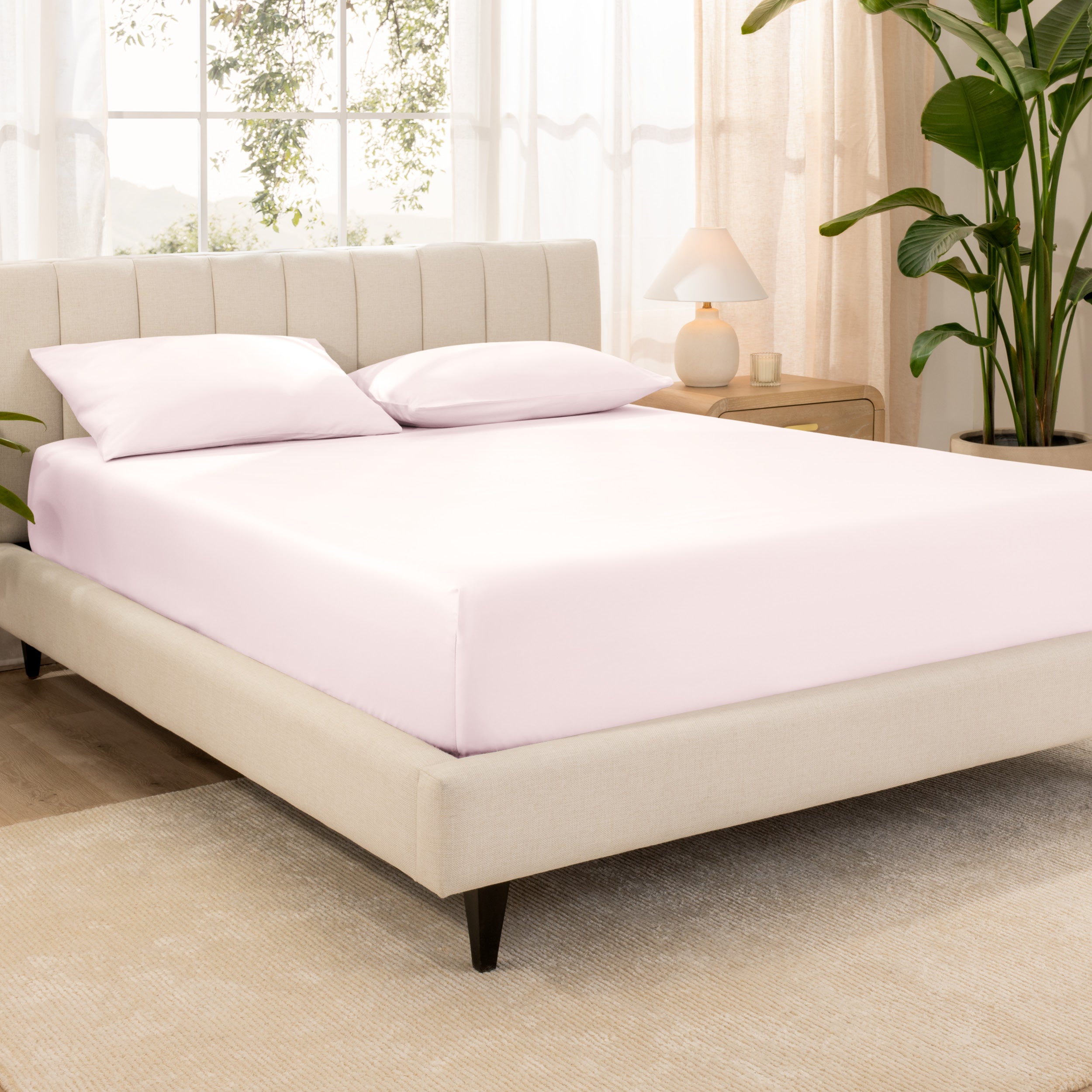 Organic cotton fitted sheet on a bed in a bedroom with a plant and window in the background