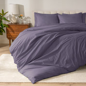 A modern bed with a organic cotton percale duvet cover on.