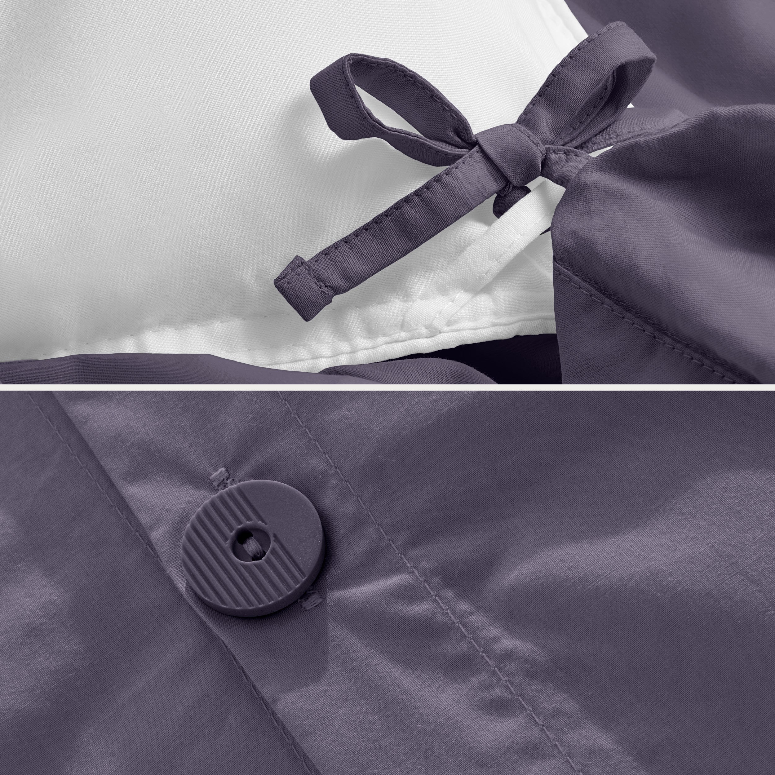 A close view of the corner tie of the duvet cover and the buttons for pillow shams