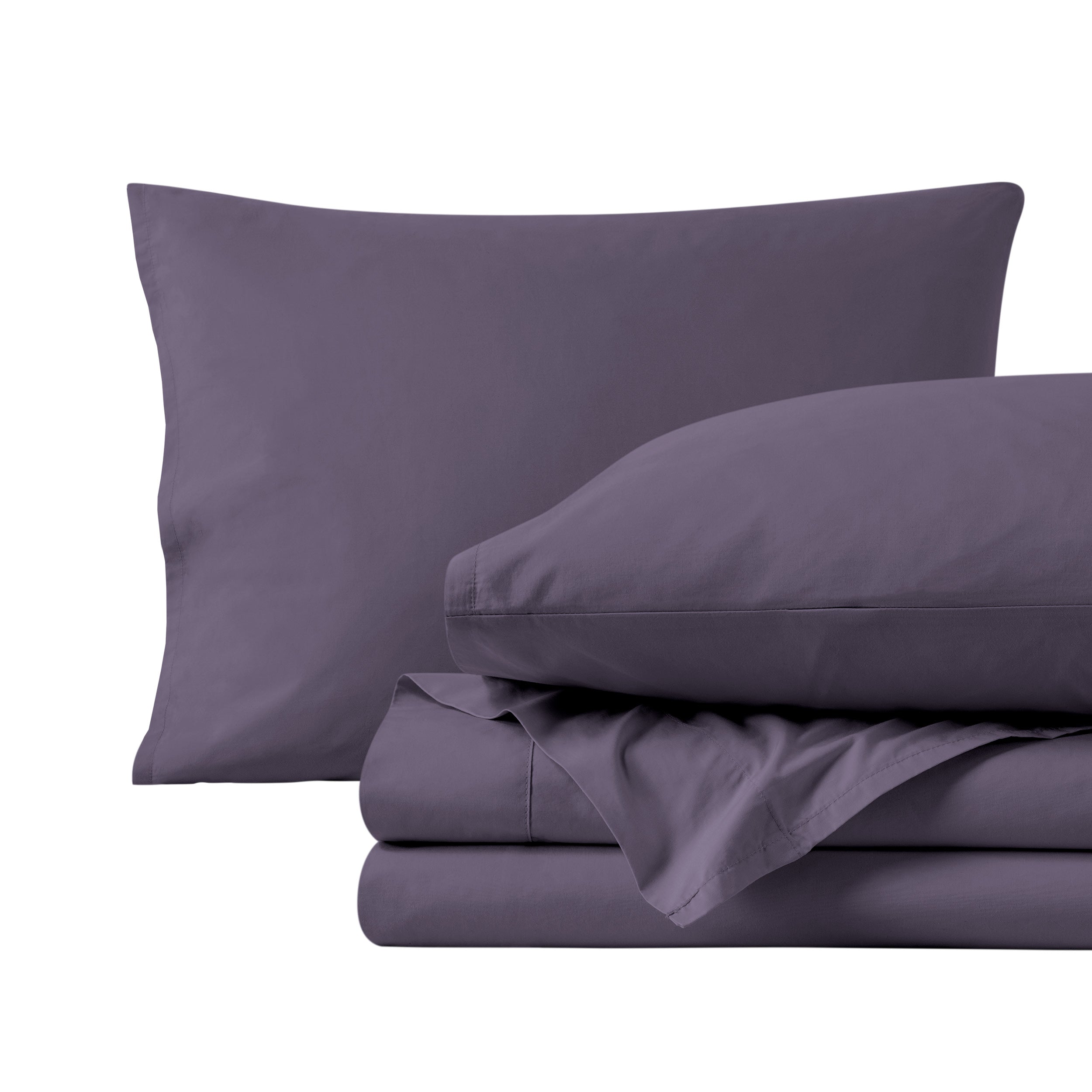 Percale sheet set with two pillows and folded sheets on a white background