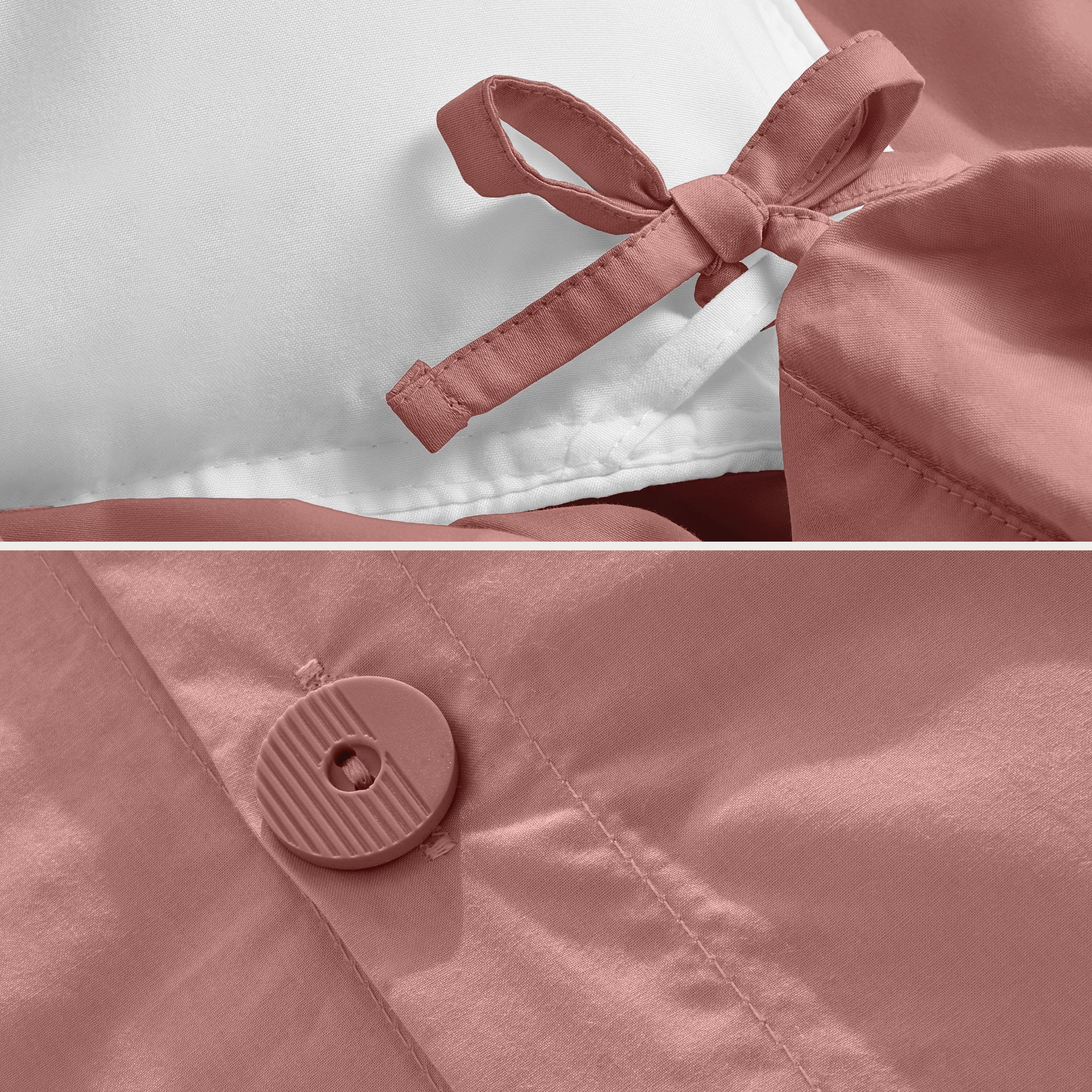 A close view of the corner tie of the duvet cover and the buttons for pillow shams