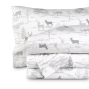 Printed flannel sheets folded and stacked