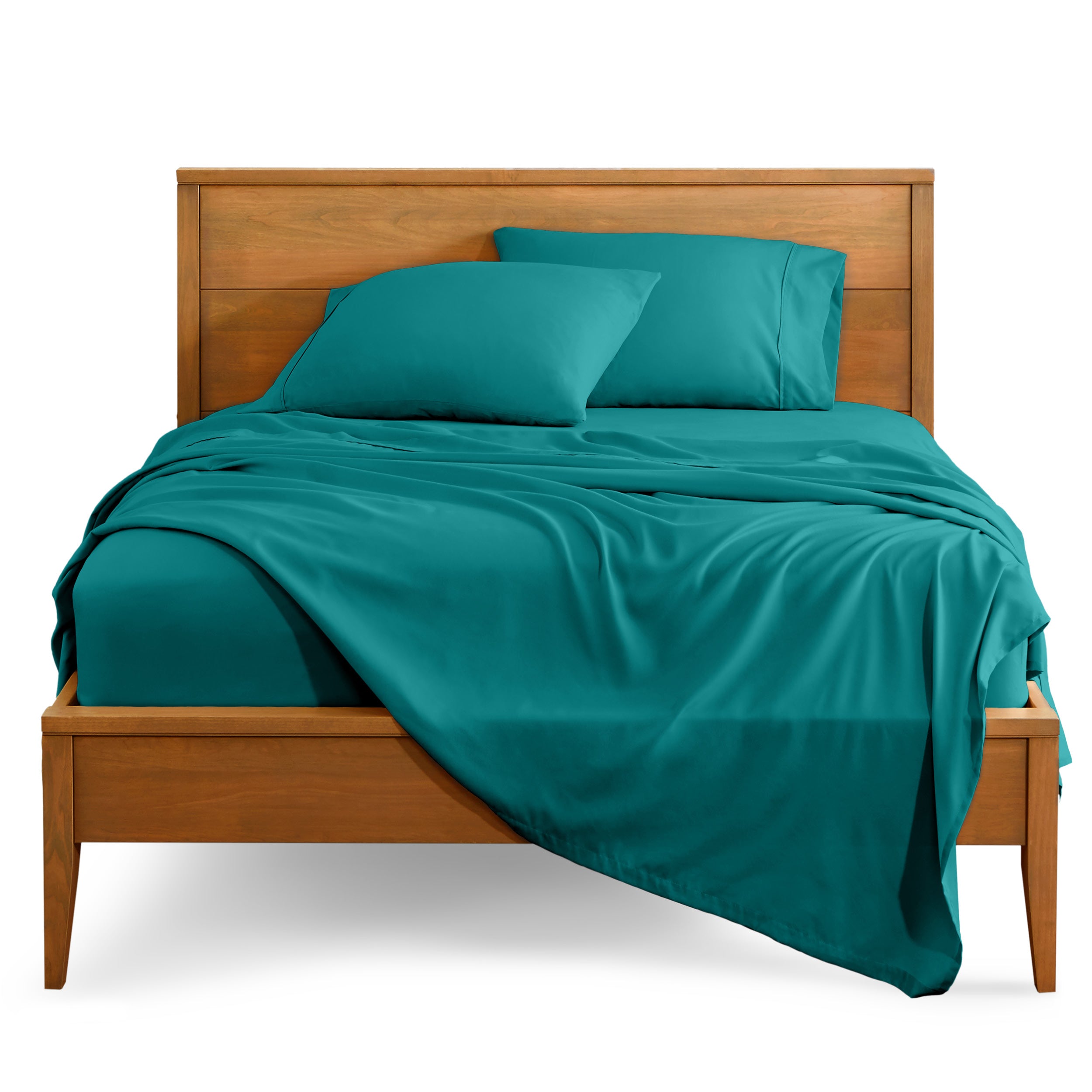 Microfiber sheet set on a bed with a wooden bed frame