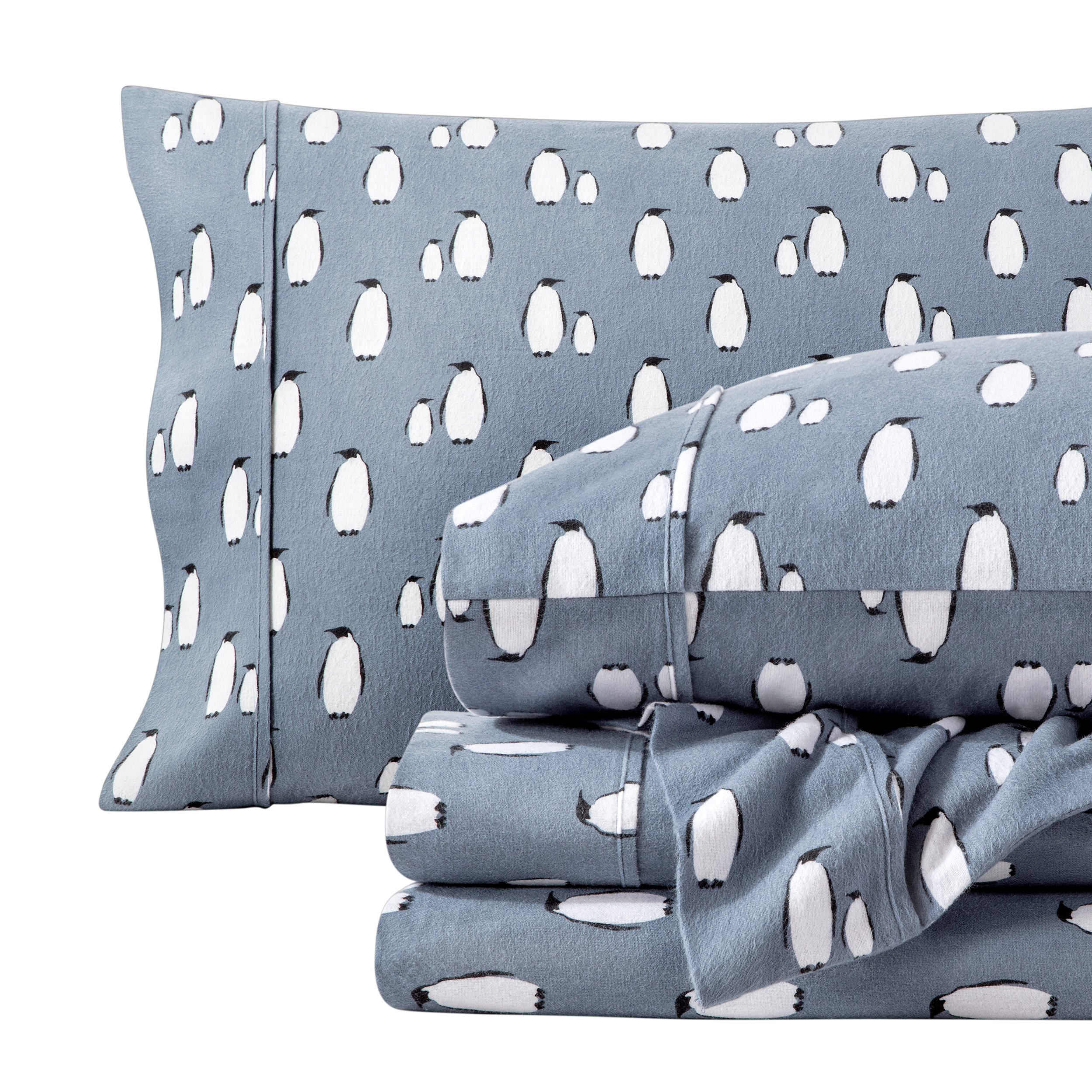 Printed flannel sheets folded and stacked