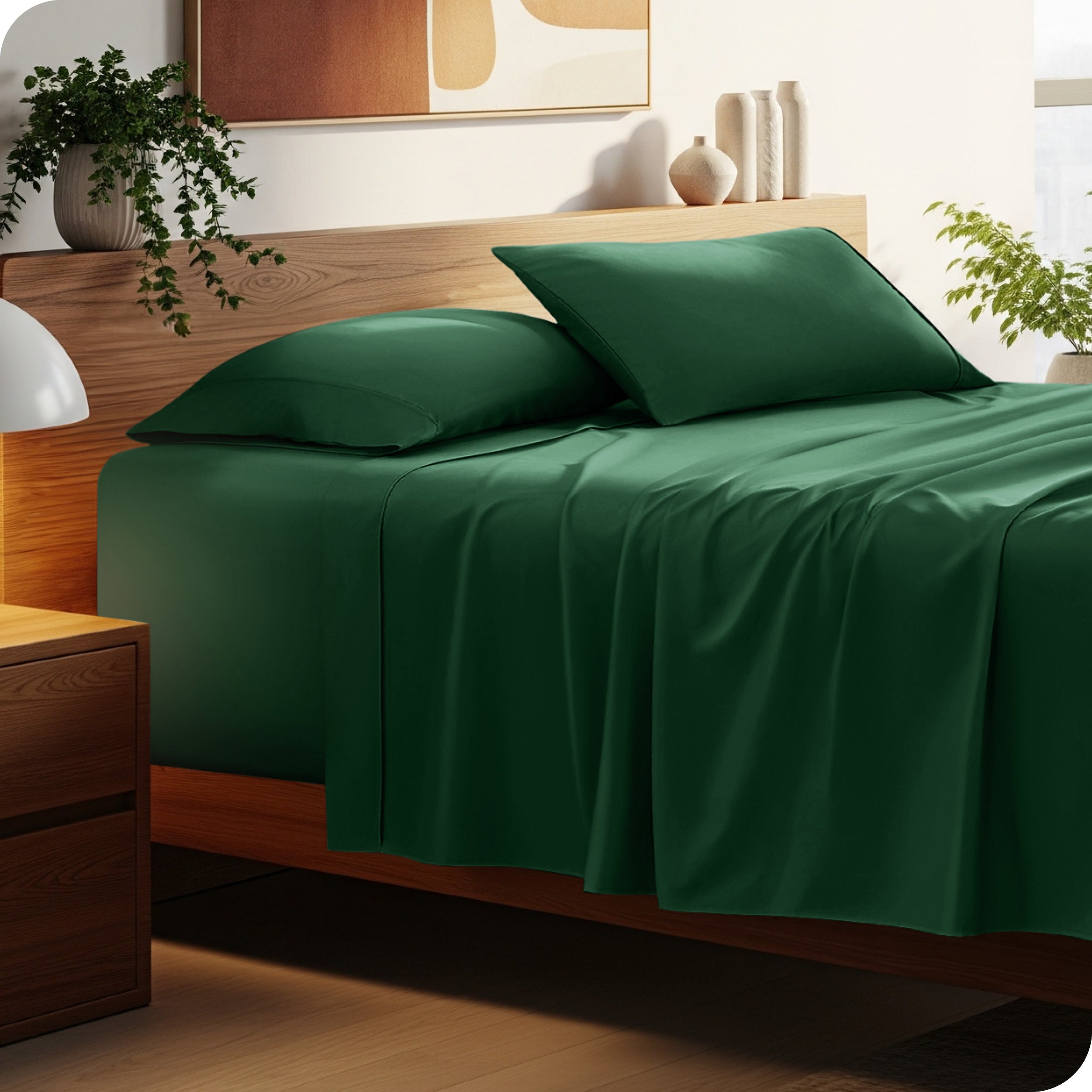 A cozy bedroom featuring a neatly made bed with soft, microfiber sheets