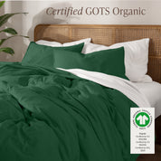 A bed made with an GOTs certified organic jersey duvet cover, pillow sham covered pillows and extra pillows