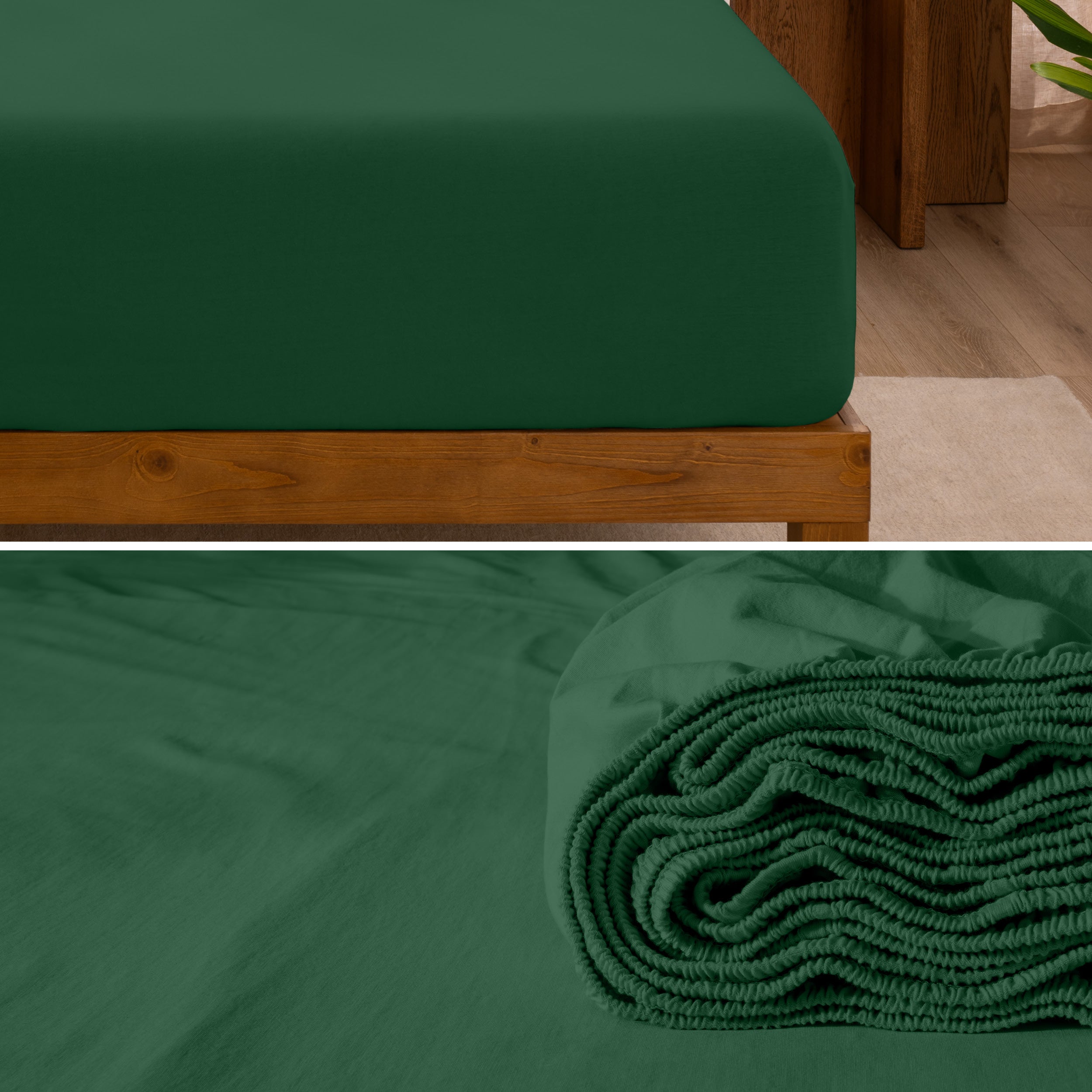 A divided image showing both the corner of a bed with organic jersey sheet and the folded sheet stacked on the bed.