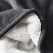 Close up of sherpa blanket showing texture of velvety soft side and sherpa backing