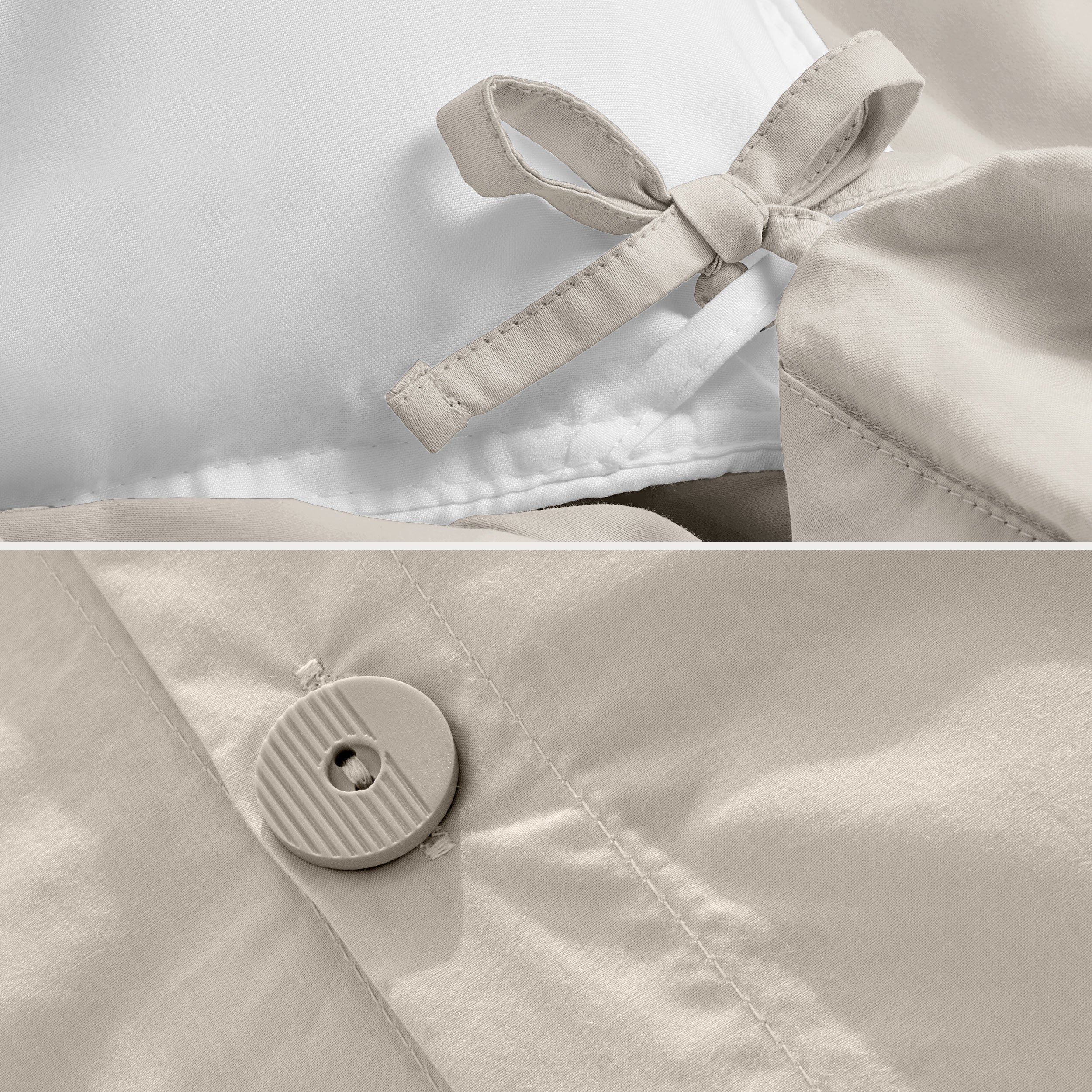 A close view of the corner tie of the duvet cover and the buttons for pillow shams