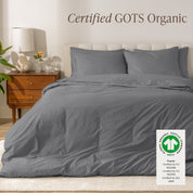 A modern bed with a organic cotton percale duvet cover on, it's Certified GOTS Organic.