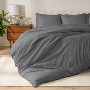 A modern bed with a organic cotton percale duvet cover on.