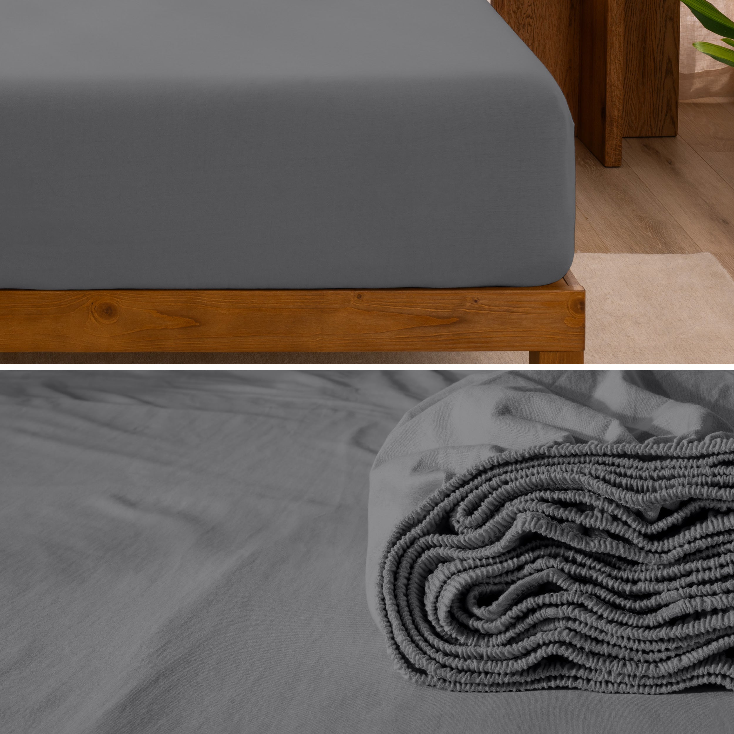 A divided image showing both the corner of a bed with organic jersey sheet and the folded sheet stacked on the bed.