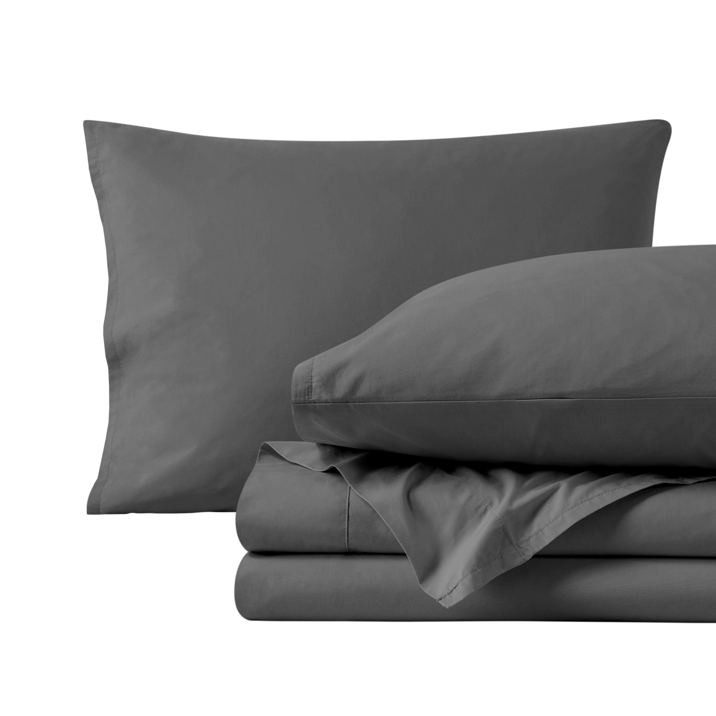 Percale sheet set with two pillows and folded sheets on a white background