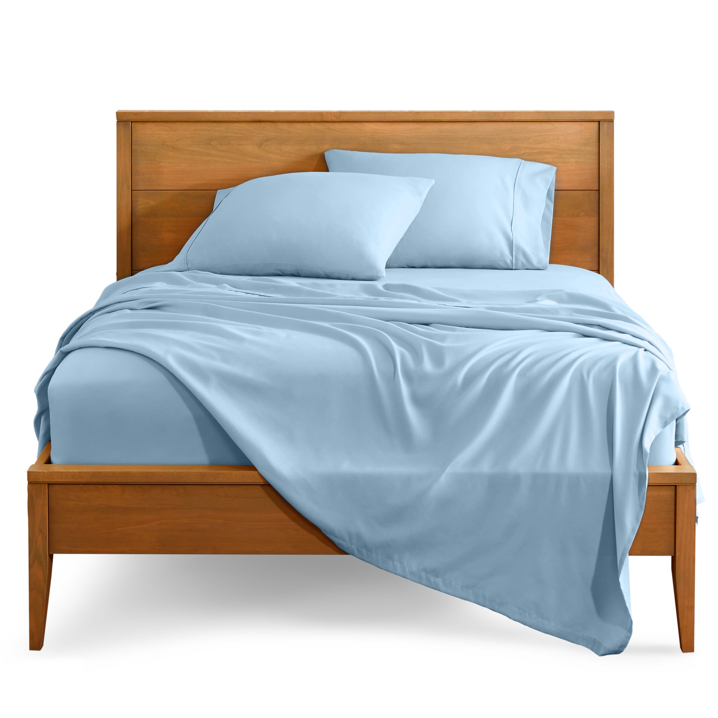 Microfiber sheet set on a bed with a wooden bed frame