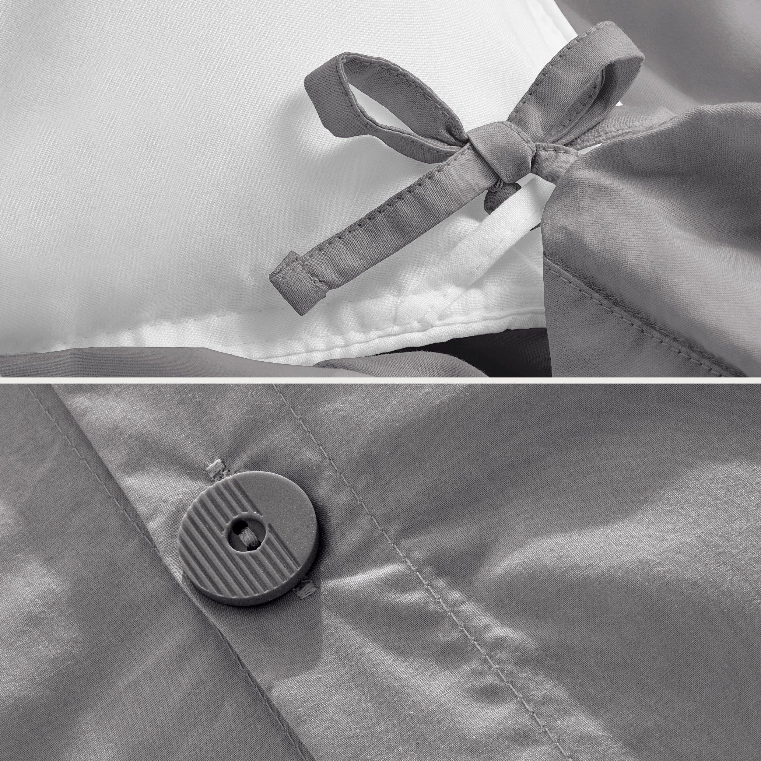 A close view of the corner tie of the duvet cover and the buttons for pillow shams