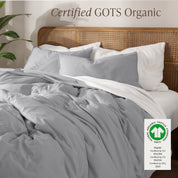 A bed made with an GOTs certified organic jersey duvet cover, pillow sham covered pillows and extra pillows