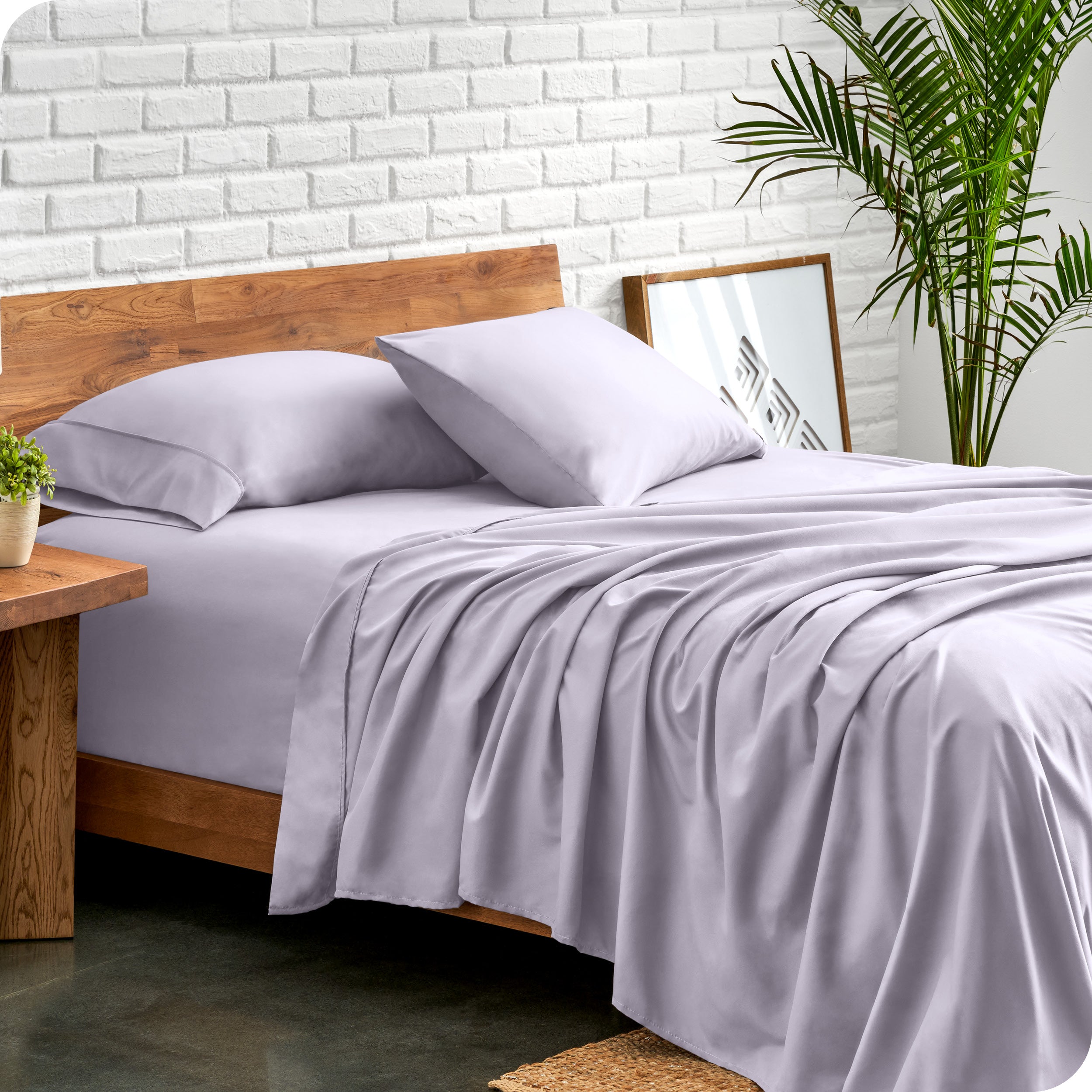 Microfiber sheets and matching pillowcases on a bed next to a large plant