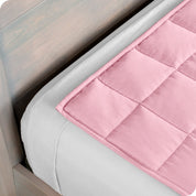 Close up of the corner of a weighted blanket on a bed