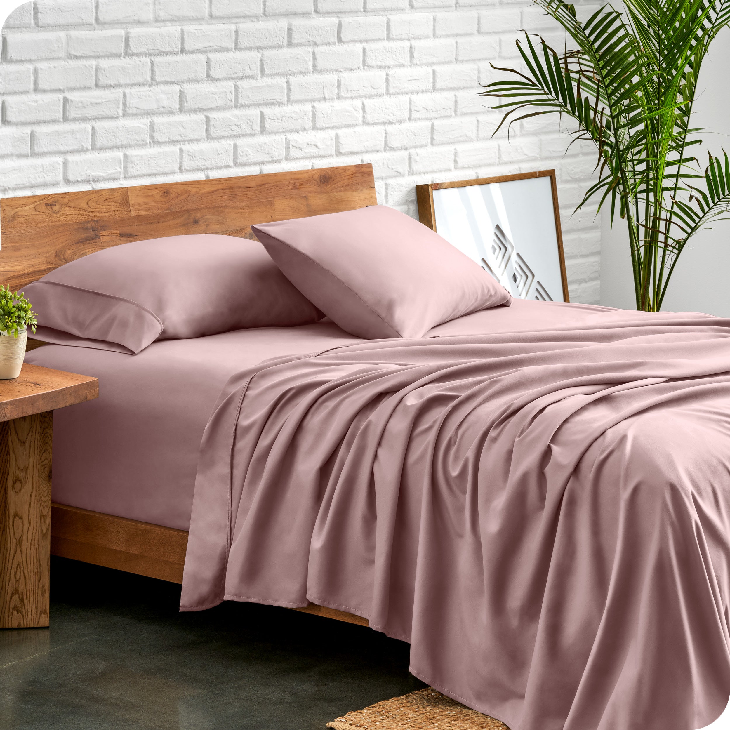 Microfiber sheets and matching pillowcases on a bed next to a large plant