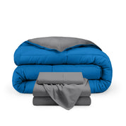 A reversible microfiber comforter and a coordinating sheet set folded and stacked