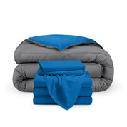 A reversible microfiber comforter and a coordinating sheet set folded and stacked